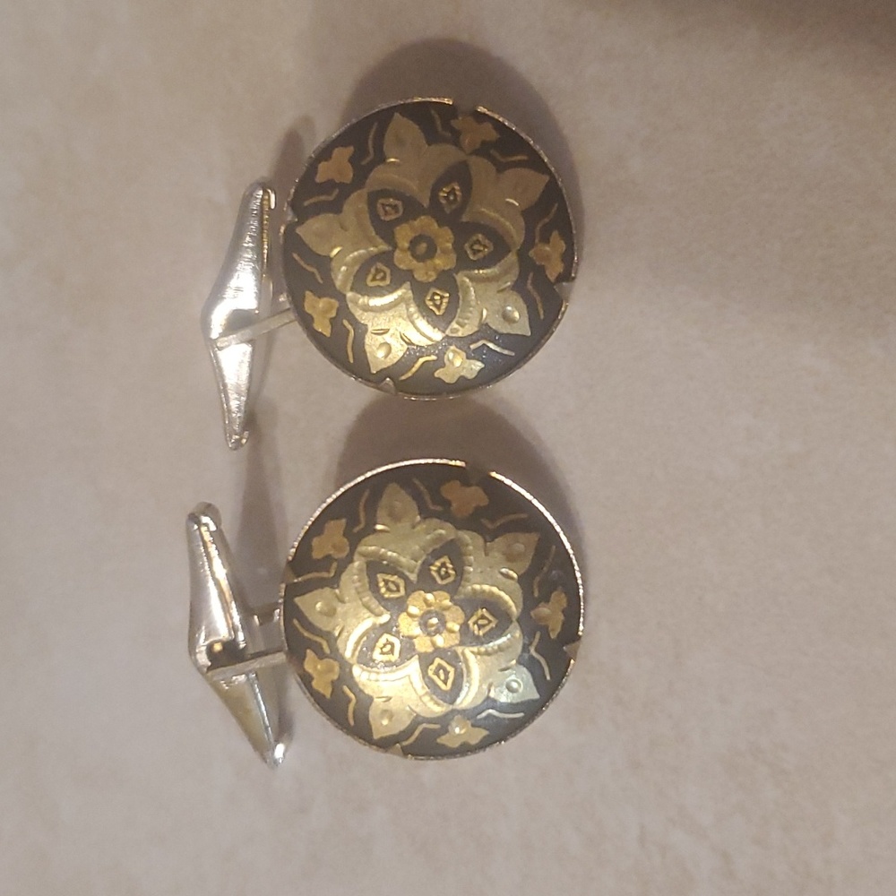 Vintage Damascene Round 5 Star Floral Cufflinks
